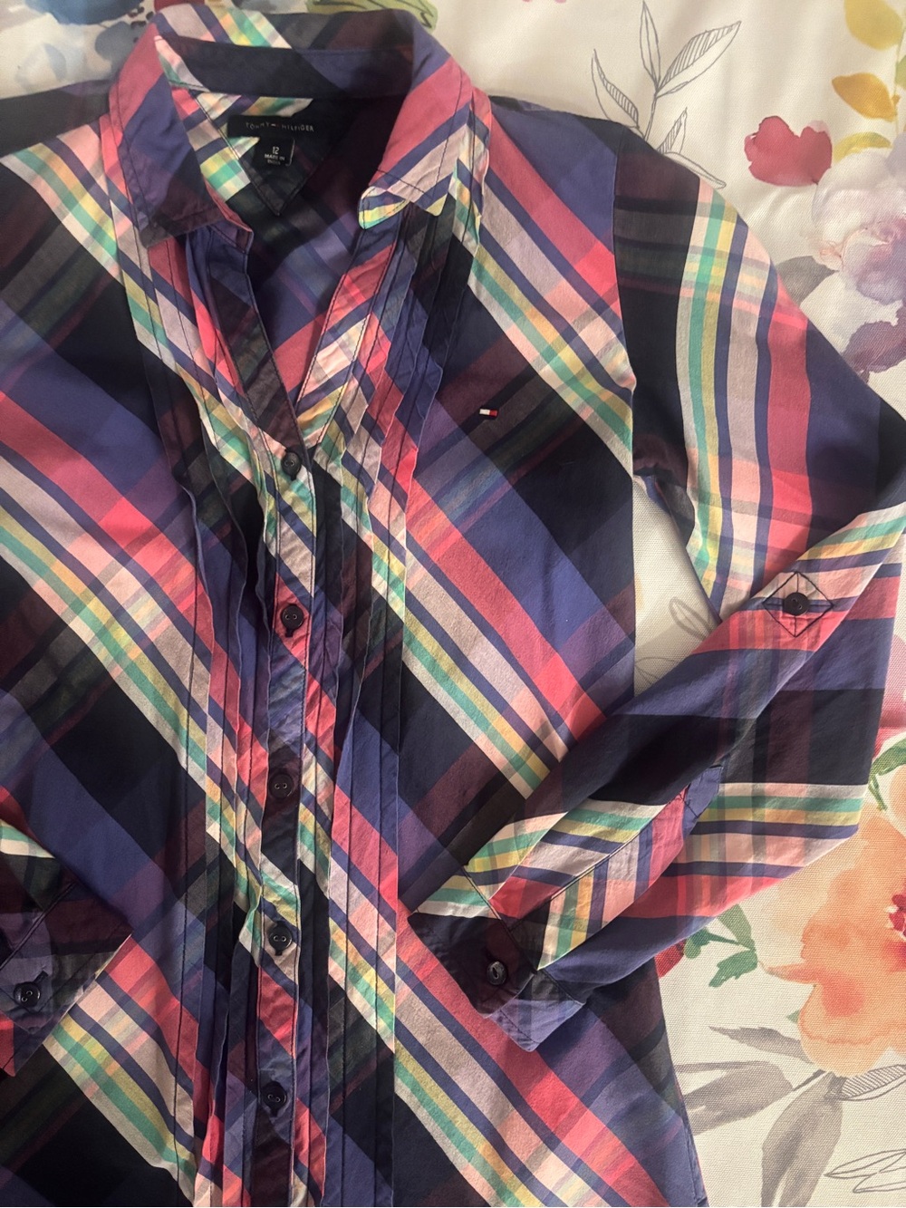 Tommy Hilfiger Junior’s Navy and Pink Plaid Button-Up Shirt